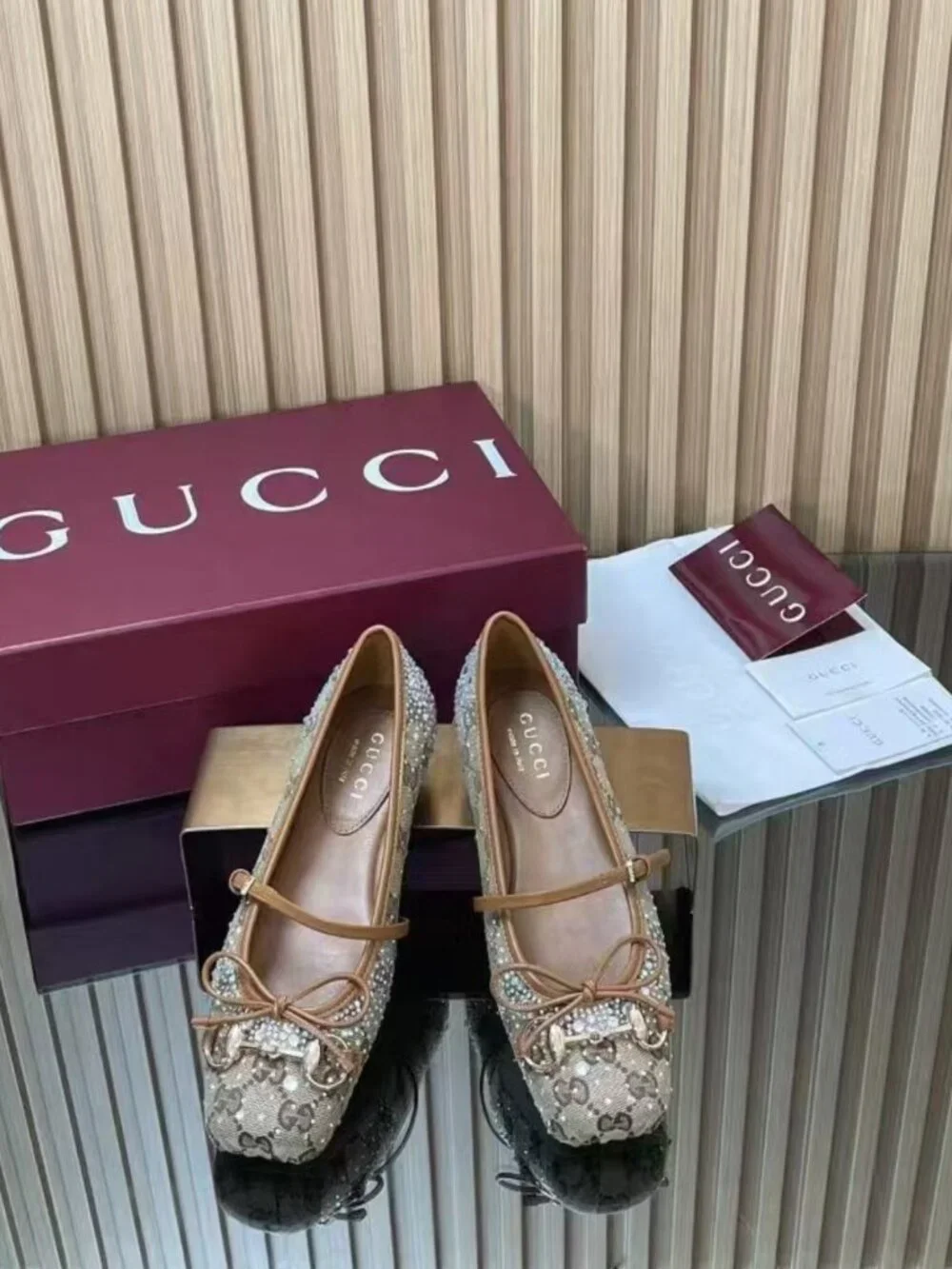 Gucci Monogram Canvas Rhinestone Horsebit Bow Mary‑Jane Flats